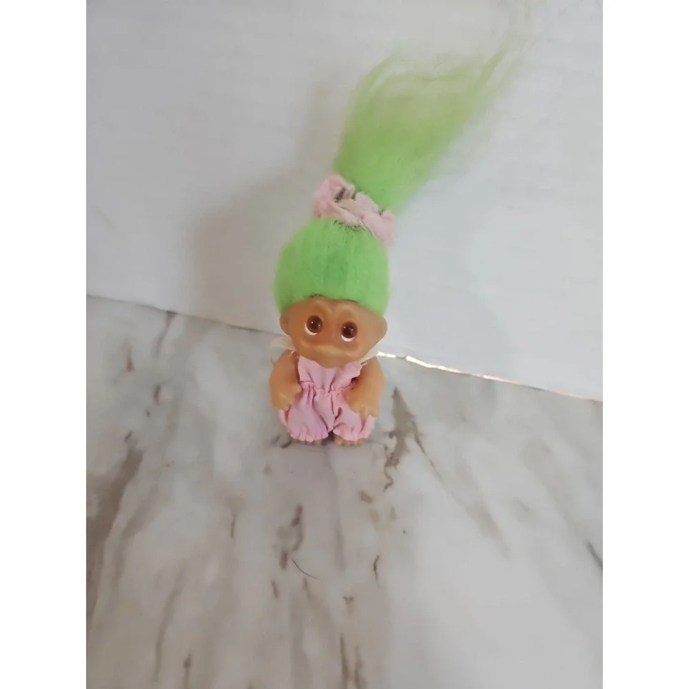 Norfin Dam Troll Doll Small Green Hair Overalls sad eyes 1985 collectables